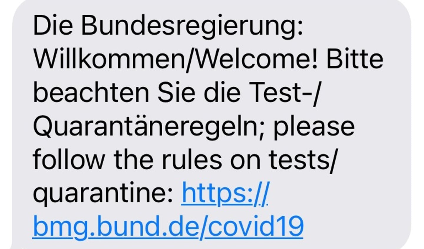 Het SMS-bericht dat passanten van de Nederlands-Duitse grens ontvangen. 