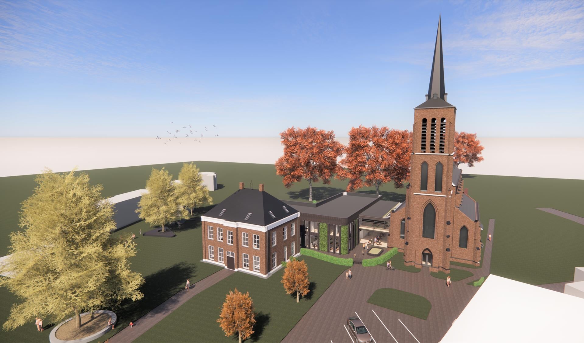 Impressie van de nieuwbouw van de Basisschool Petrus en Paulus, woningen en de kerk in Eerde.