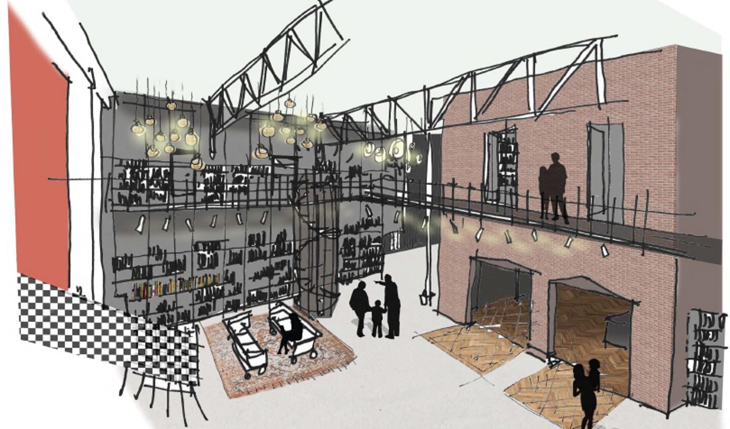Schets van hoe de bibliotheek in de Schouwburg eruit zou komen te zien.