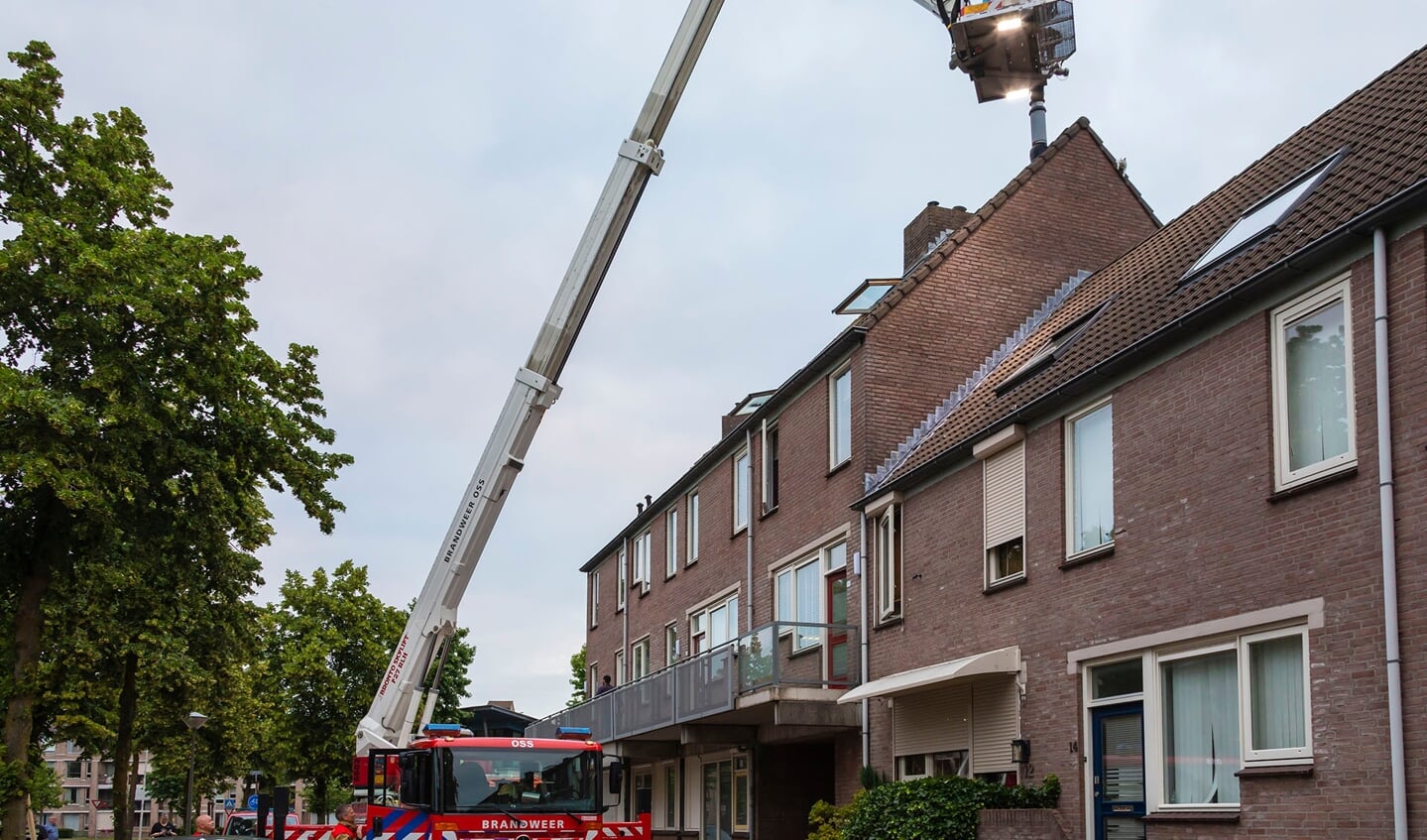 Brandweerlieden halen kat van dak van appartementengebouw. (Foto: Charles Mallo, Foto Mallo)