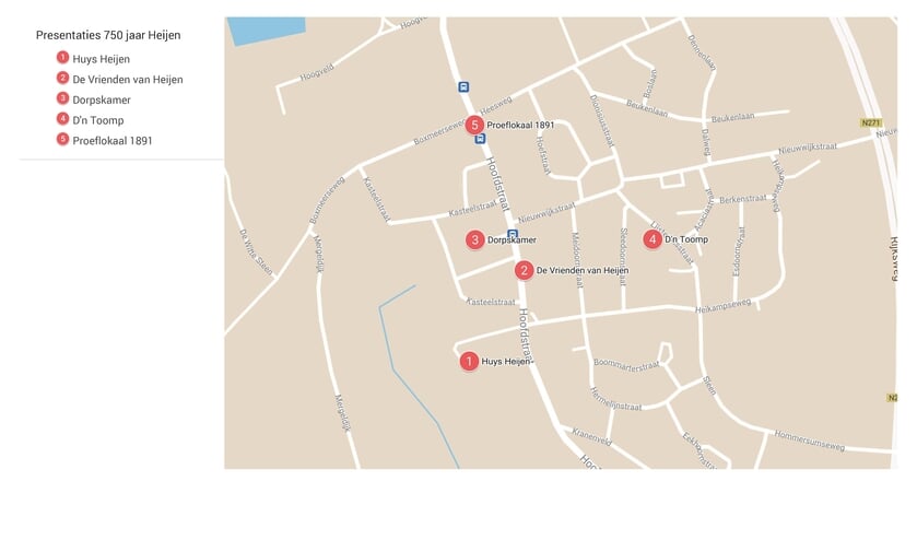 Een overzichtskaartje met de vijf presentatielocaties in Heijen.