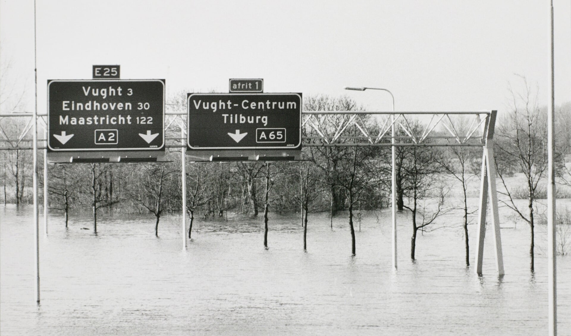 Overstroming van de uiterwaarden van de Maas in februari 1995 op de A2 ter hoogte van de Pettelaarse Schans.