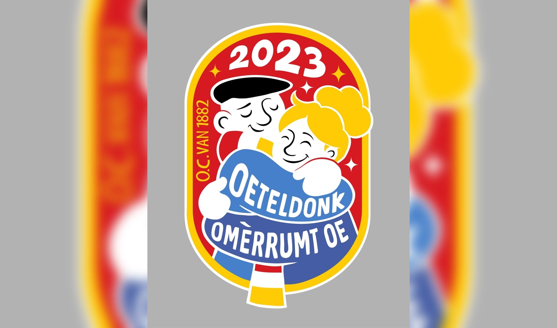 Het nostalgisch getekende embleem van Joeri geeft het motto ‘Oeteldonk omèrrumt oe’ goed weer. 