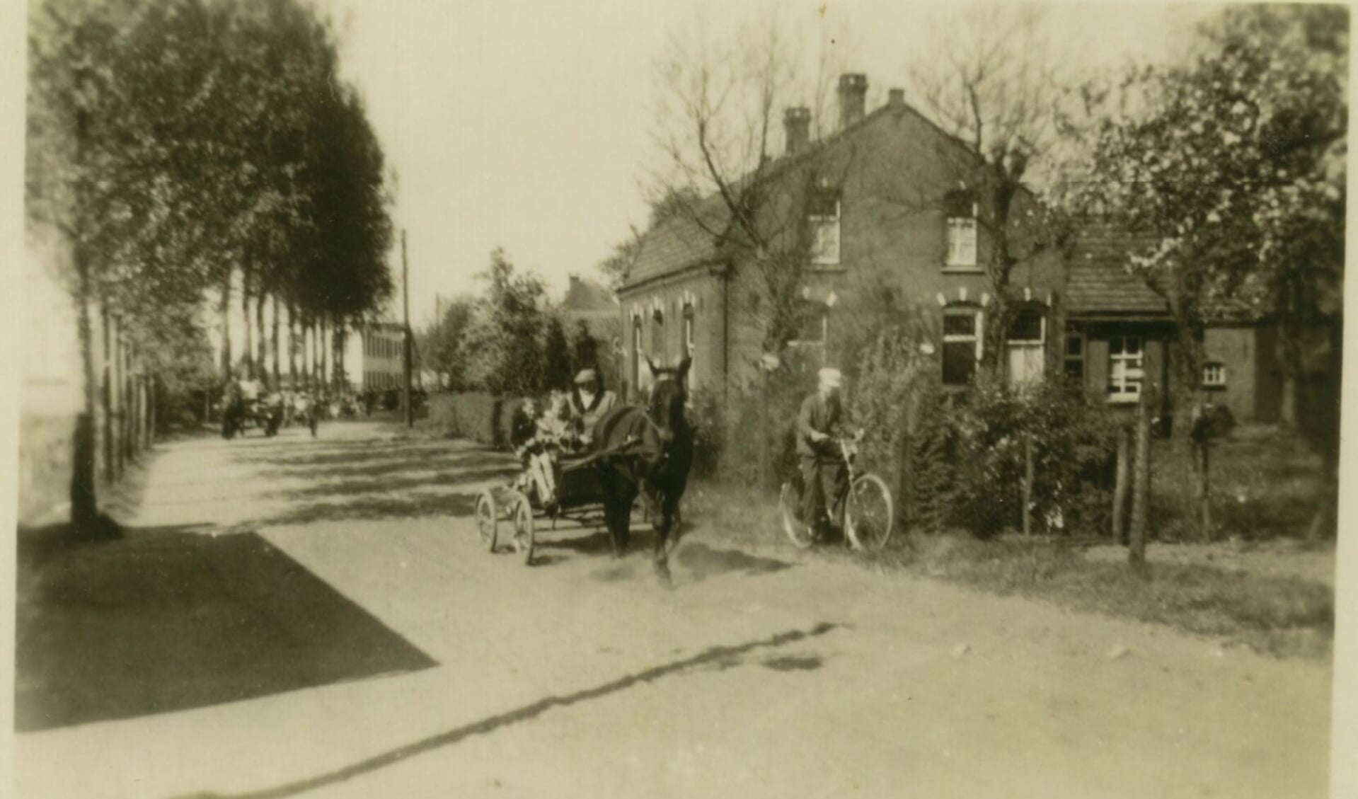 Slager Graard van Beljouw met paard en wagen op De Blauwe Kei. Deze weg heette eeuwenlang Bogaardstraat. Nu is dit Stadhuisplein.