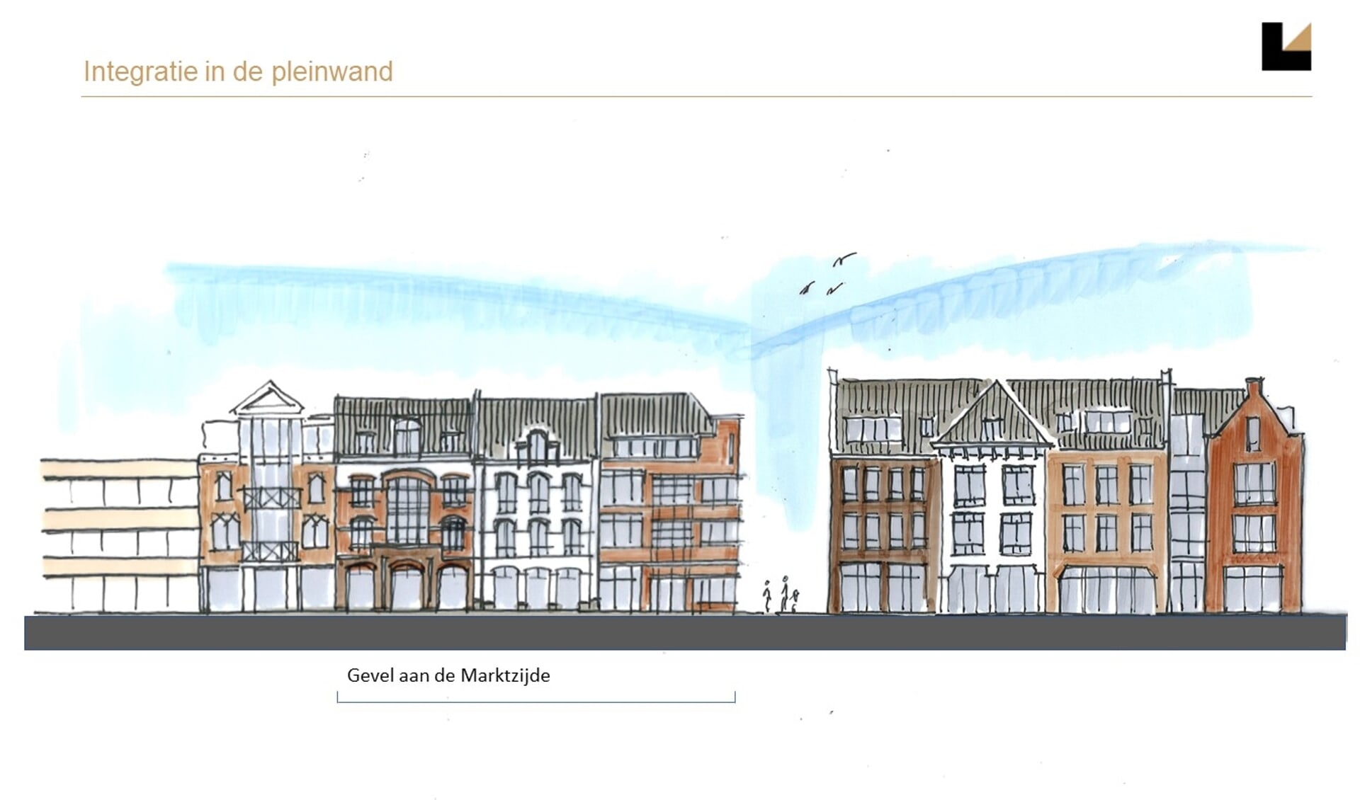 Een schets met links de appartementen die nog gebouwd moeten worden (LA | Architecten Ingenieurs).