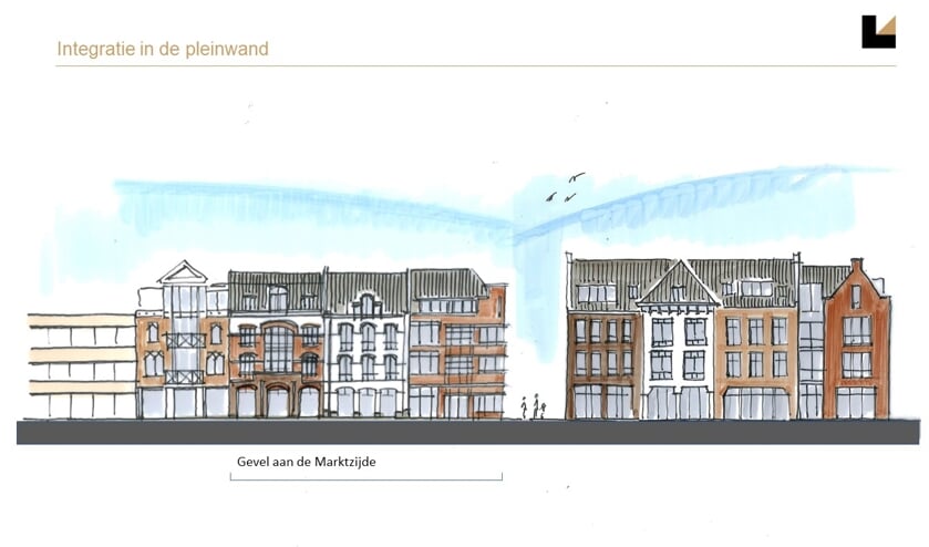 <p>Een schets met links de appartementen die nog gebouwd moeten worden (LA | Architecten Ingenieurs).</p>  
