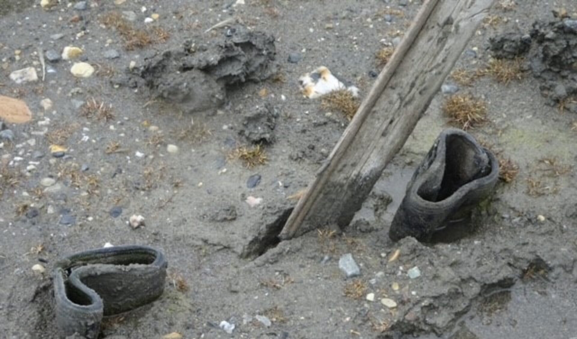 Deze foto is genomen tijdens een zeilreis rondom Spitsbergen. Daar zagen we deze achtergelaten, in de blubber vastgezogen laarzen. Iemand is klaarblijkelijk vast komen te zitten en moest ondanks het koude klimaat verder zonder laarzen. Een bizar idee.