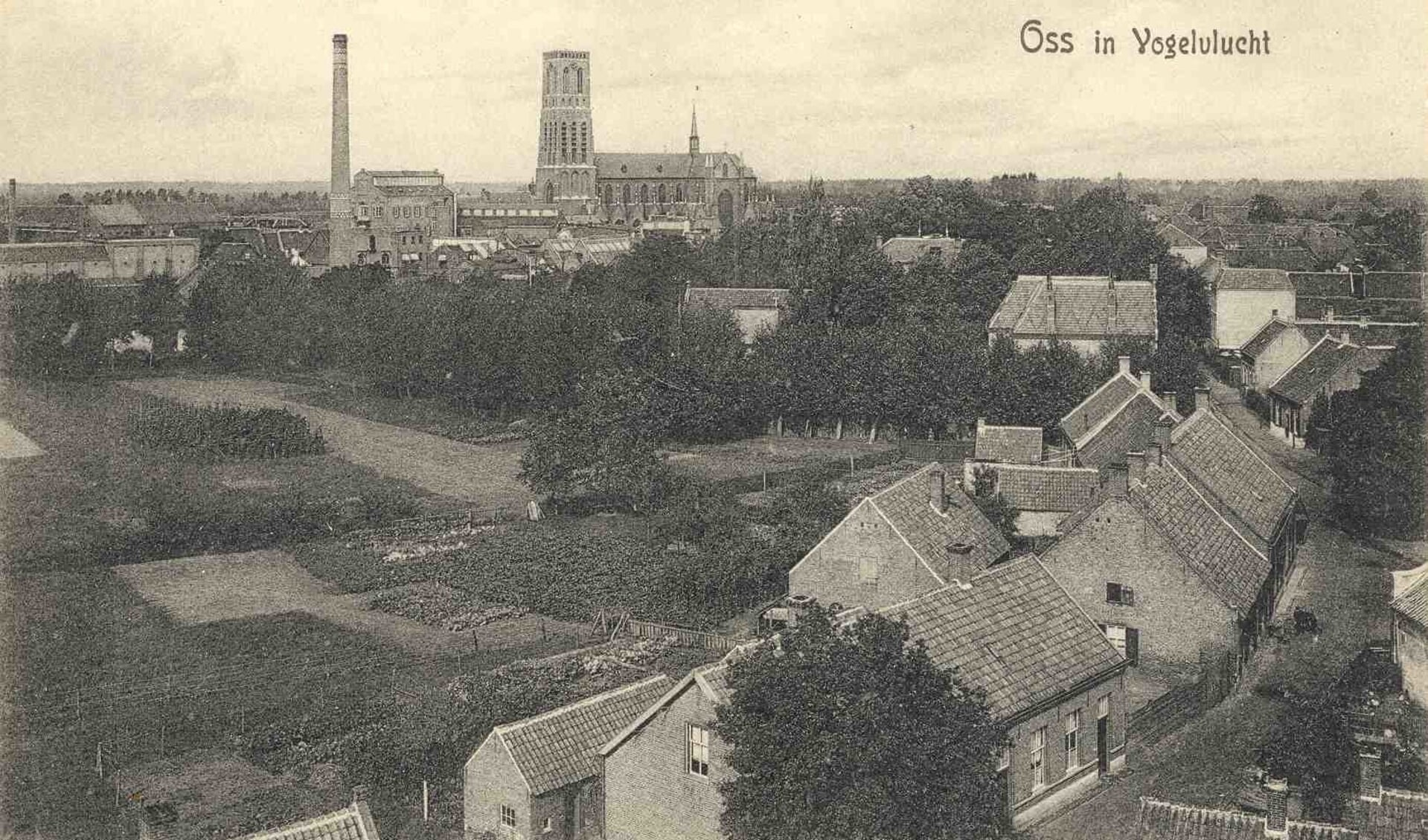 Gezicht op Hofstraat, margarinefabriek en kerk in 1910. Bron: Stadsarchief Oss.