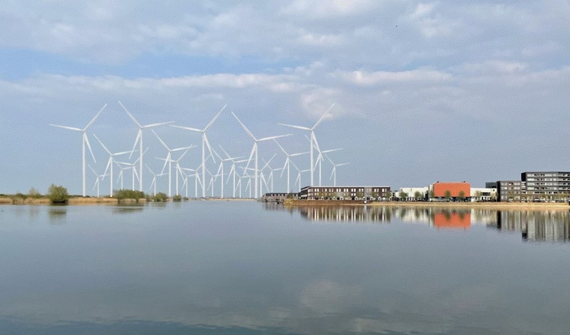 Impressie van de 260 meter hoge windturbines op één kilometer afstand van de wijk De Groote Wielen.