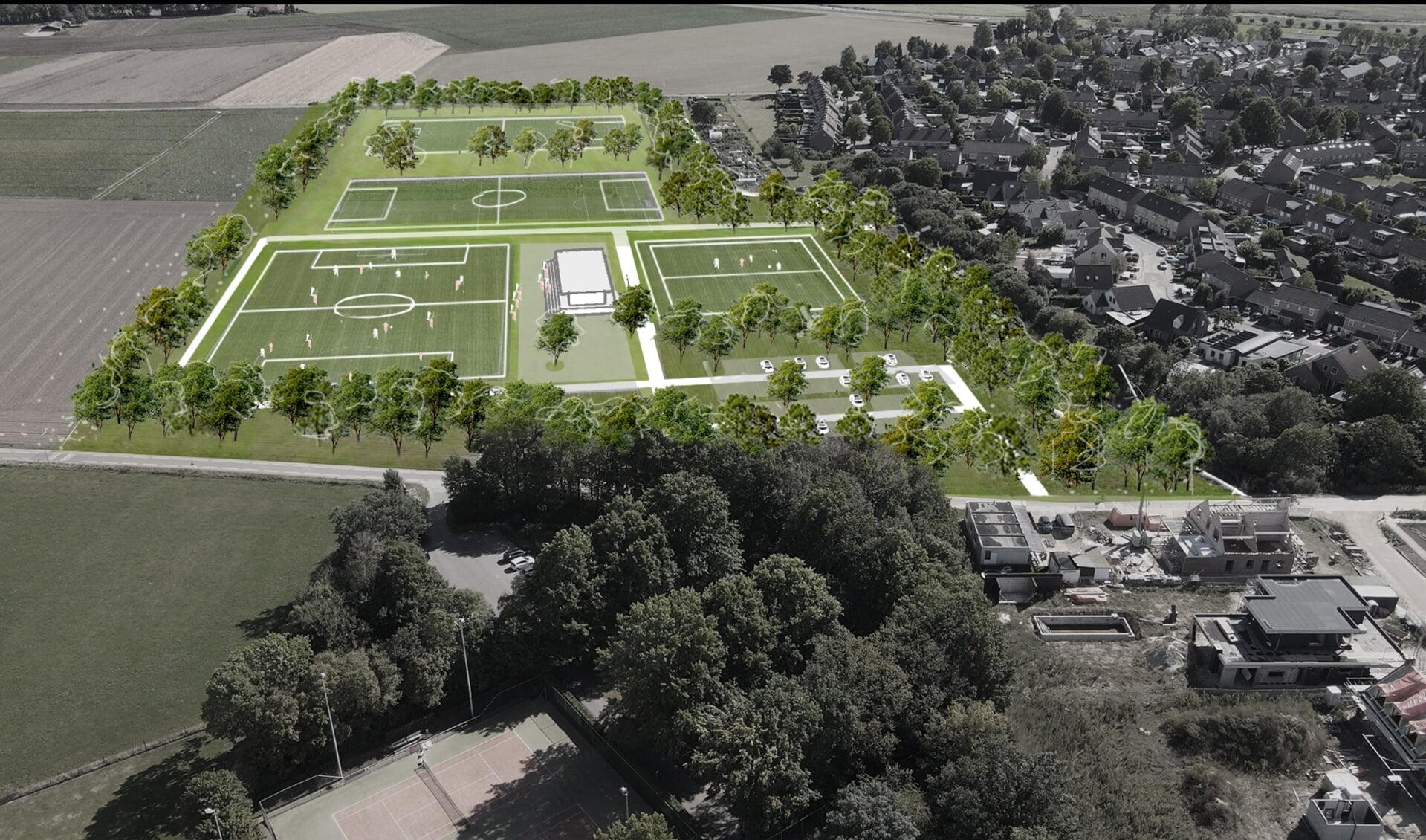 Een variant van de lay out van het nieuwe complex. Op voorgrond het sportpark van TOV, VIOS en Primates.