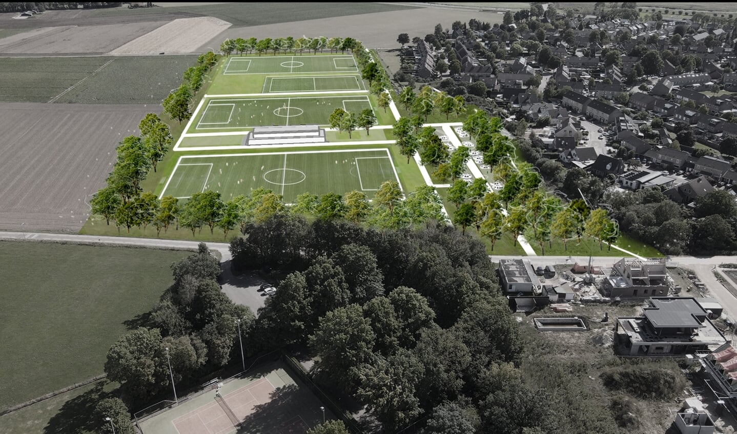 Een tweede variant van het nieuwe sportpark met drie naast elkaar liggende velden. Rechts boven de huizen aan Grevendaal en Steffenberg.