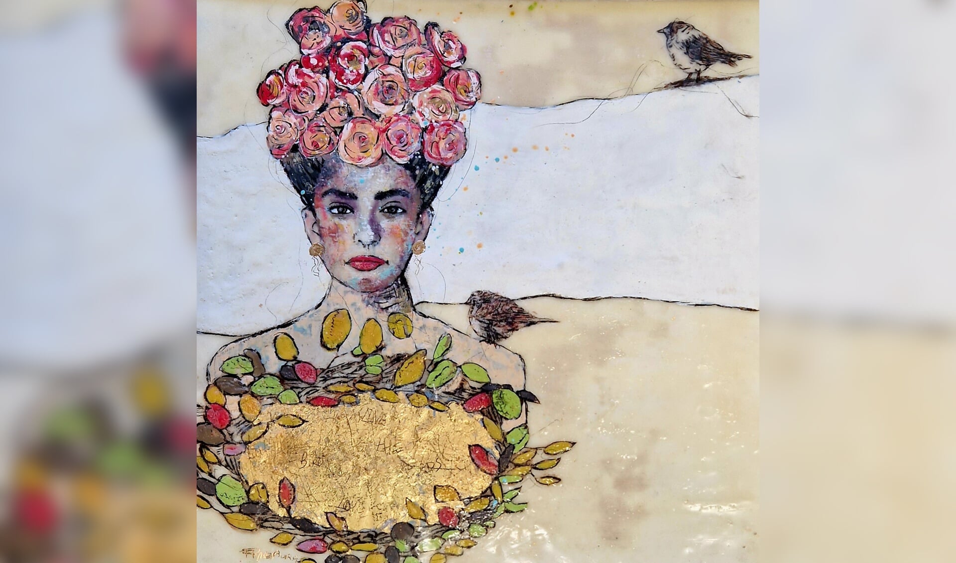 Kunstenaar Finy Pijnenburg - Encaustic - The Girl with de bird