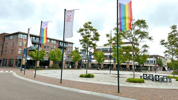 De regenboogbaniers wapperen voor het gemeentehuis in Cuijk. (Foto: Robèrt Cooijmans)