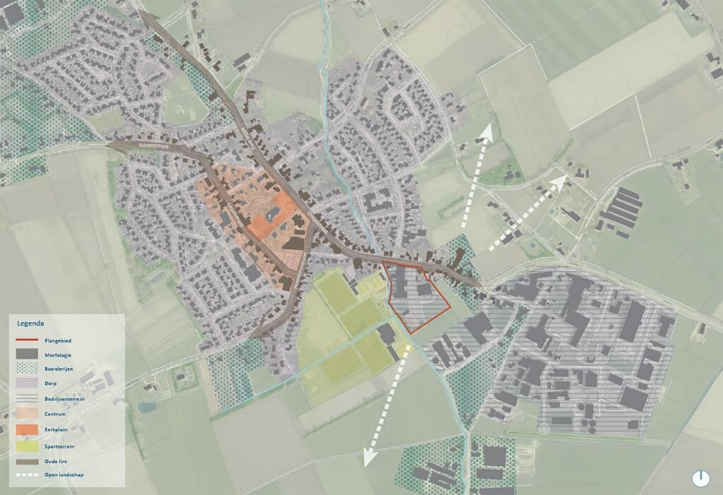 Het plangebied. In rood omlijnd een aanduiding van het plangebied binnen Wanroij.