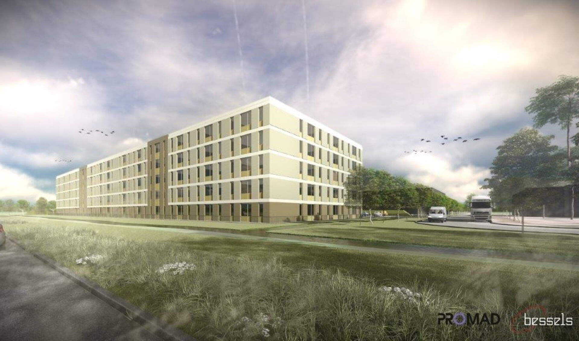 De artist impression toont het gebouw op bedrijventerrein Groote Wetering II