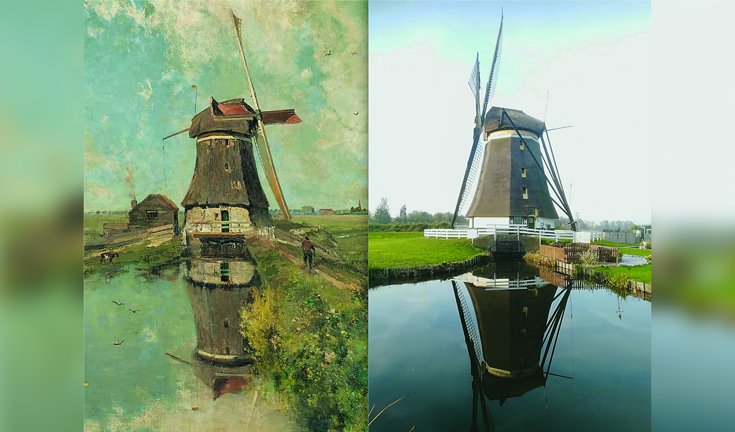 ‘Dubbele spiegeling’ met links ‘Een molen aan een poldervaart’ van P.J.C. Gabriel (ca. 1889) en rechts de Eendrachtsmolen te Zevenhuizen op 4 november 2018. Beeld: Paul Verkroost