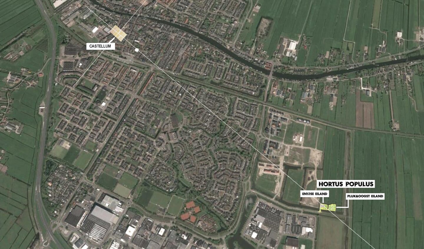 Het castellum in het centrum van Bodegraven kan toevallig precies in rechte lijn geprojecteerd worden naar de Hortus Populus.