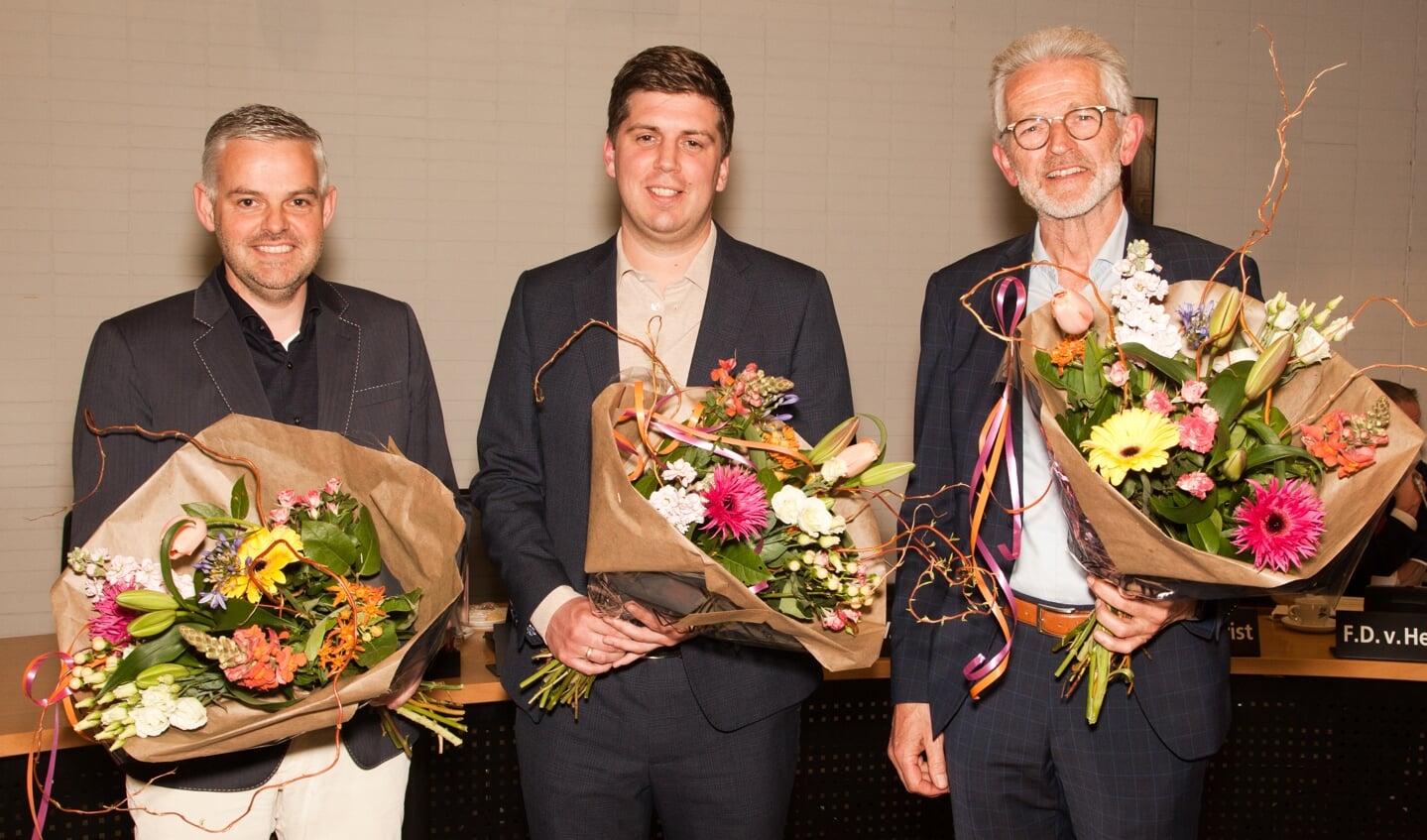 De vertrekkende raadsleden met vlnr.: Johannes Mattiesing (SGP),
Reinder van Meijeren (CDA) en Matthijs Kortleven (ChristenUnie)