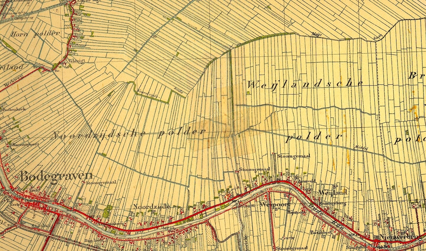 Het slotenpatroon ten noorden van Bodegraven in 1887.