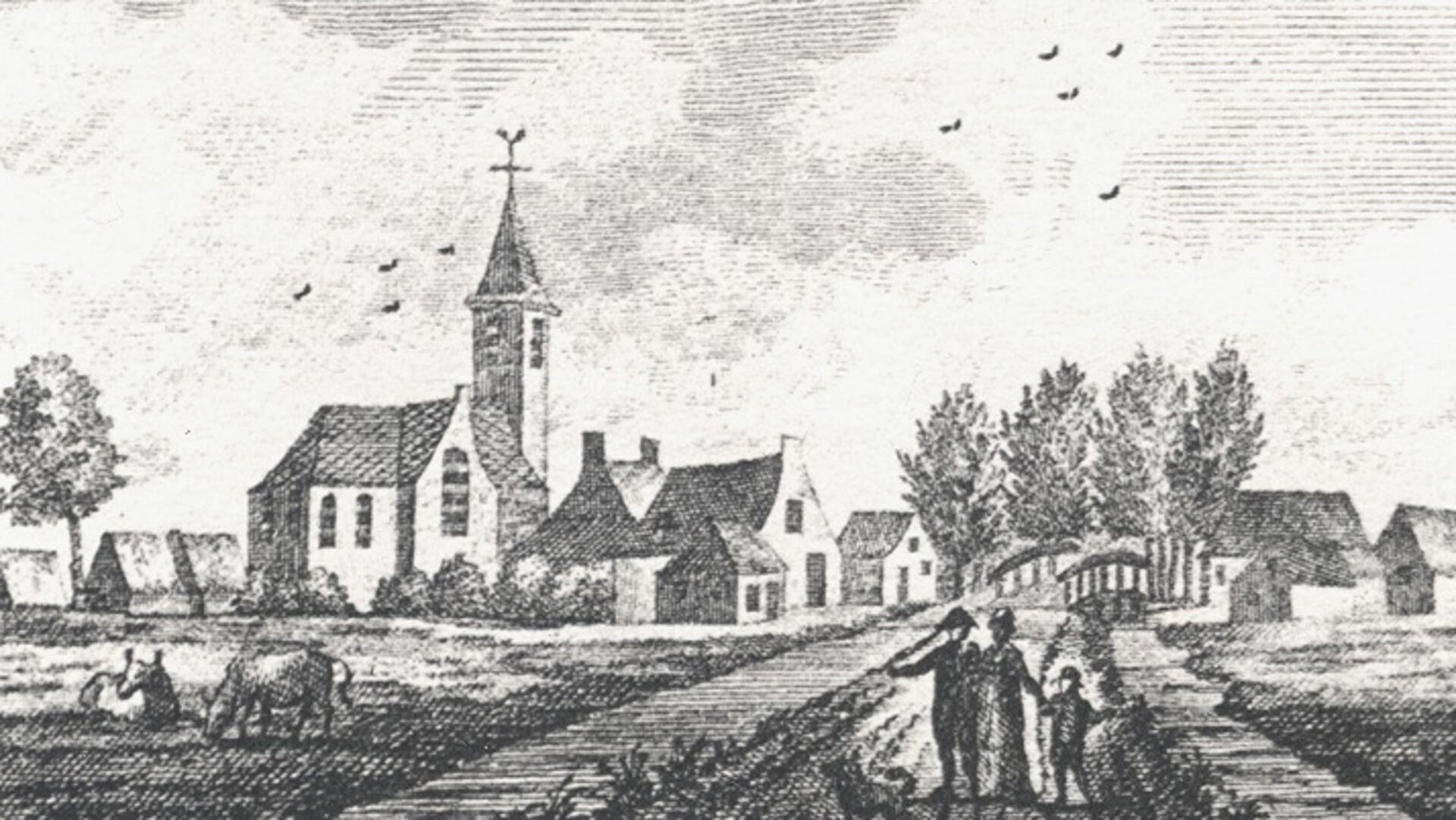 Een afbeelding van het dorp Reeuwijk van heel lang geleden.