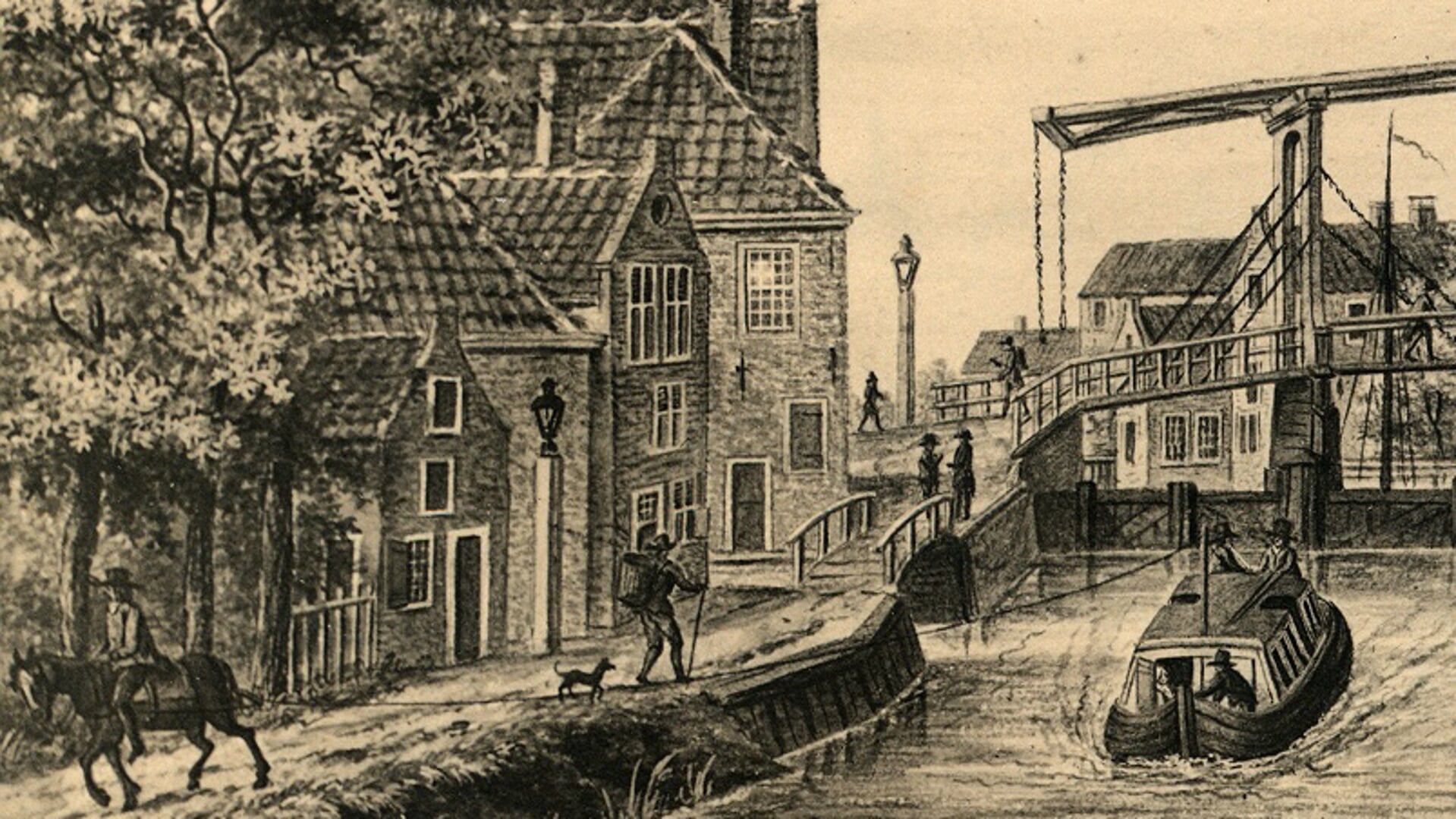 Beeld van een trekschuit in Bodegraven in 1810.