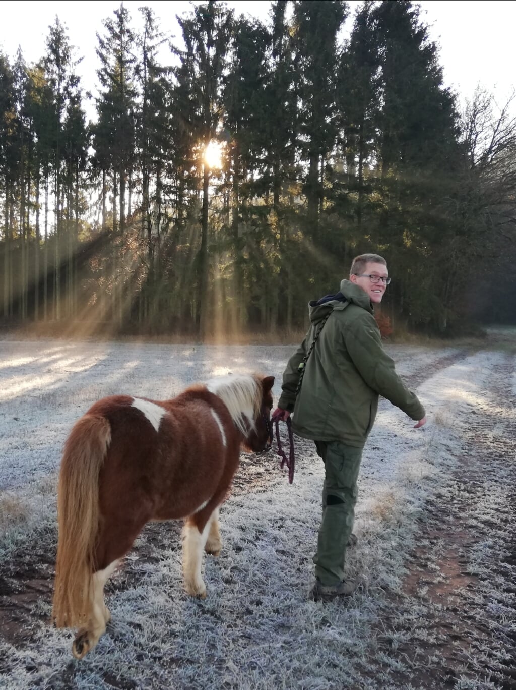 Iwan maakt een wandeling met een van de paarden.