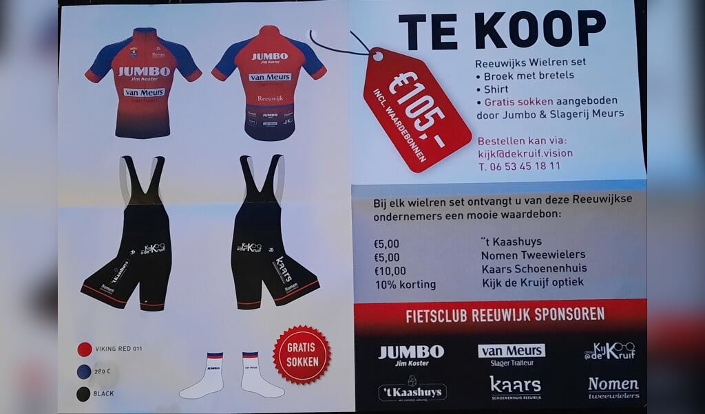 De poster die bij de Reeuwijkse sponsoren in de winkel hangt. 