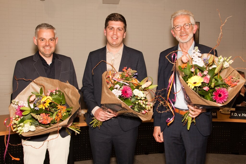 De vertrekkende raadsleden met vlnr.: Johannes Mattiesing (SGP),
Reinder van Meijeren (CDA) en Matthijs Kortleven (ChristenUnie)