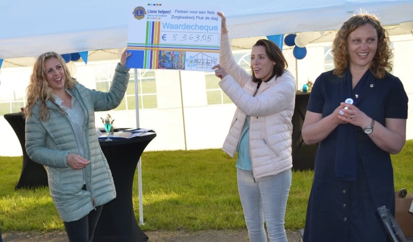 <p>Lydia Westmaas en haar zus Miriam van Zorgkwekerij Pluk de Dag zijn heel blij met de cheque. </p>