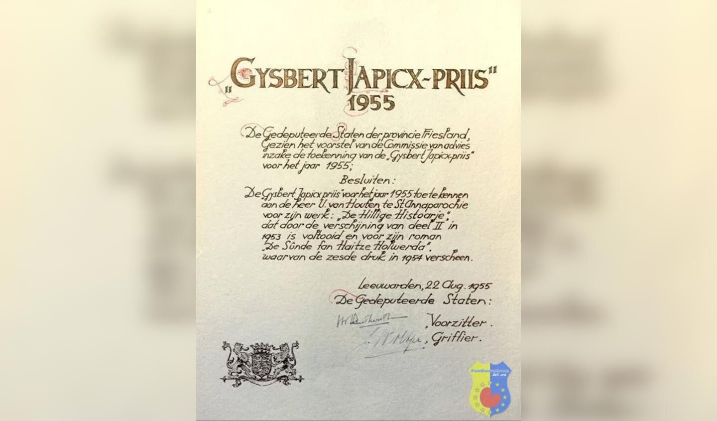 Gysbert Japicx-priis is in 1955 toegekend aan Ulbe van Houten voor zijn voor 