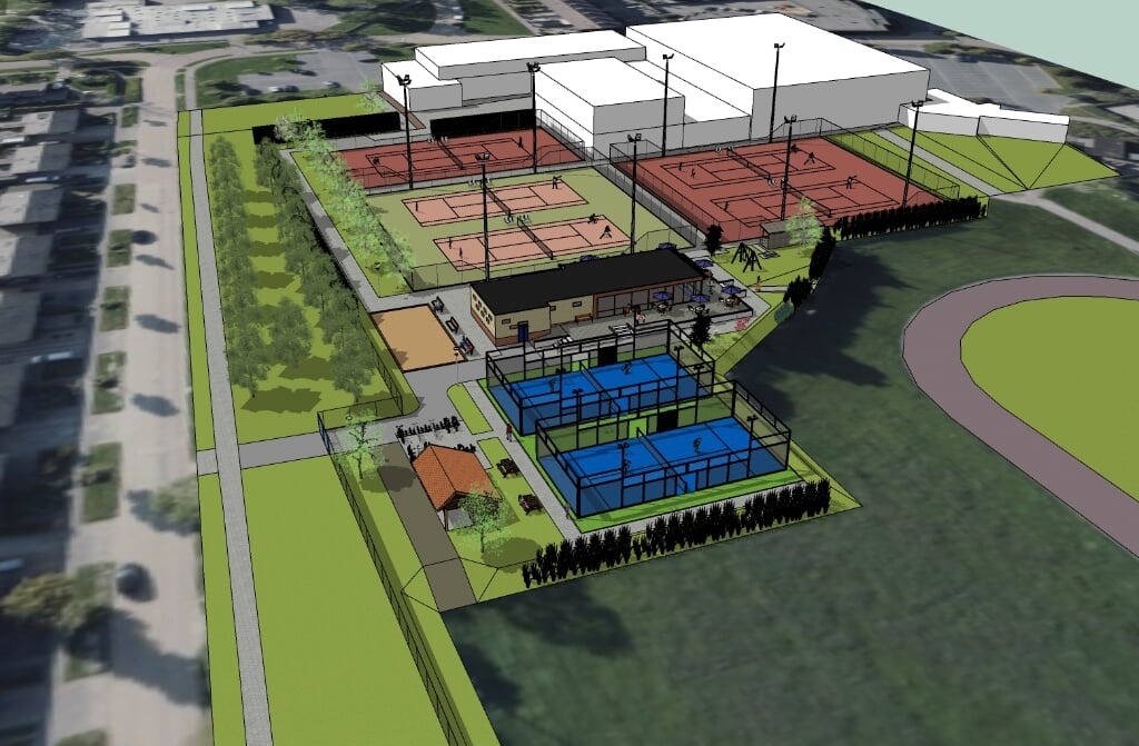 Nieuwe padelbanen (in blauw aangegeven) bij de BTC-tennisbanen