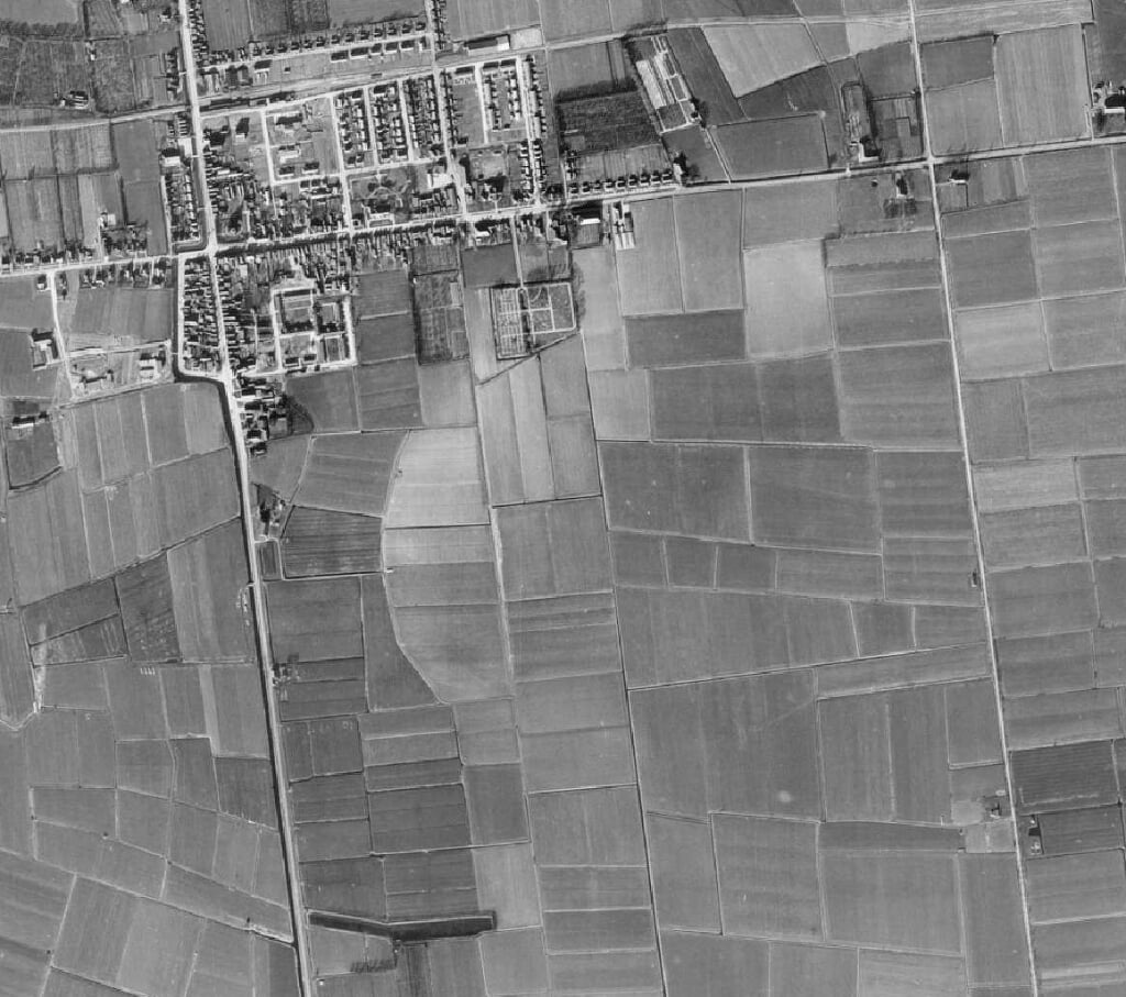 Luchtfoto 1959: het nog zichtbare westelijke deel van de ringwalburcht tekent zich duidelijk af.