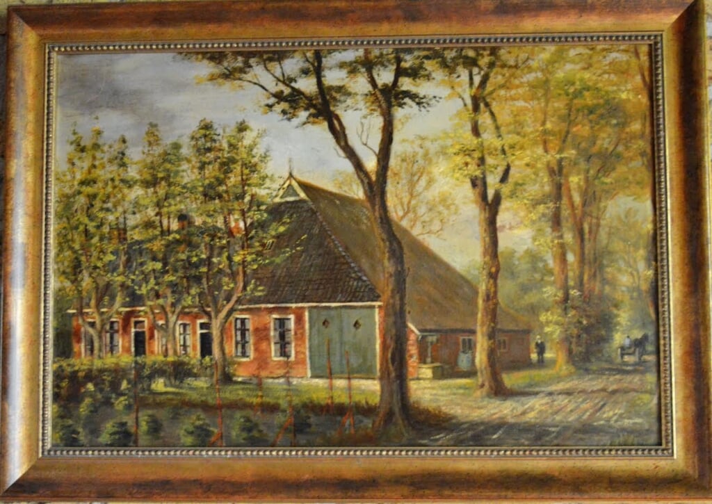 Naast boerderij loopt Frits Schat, op de kar zit Bote Kuiken (36 x 58)
