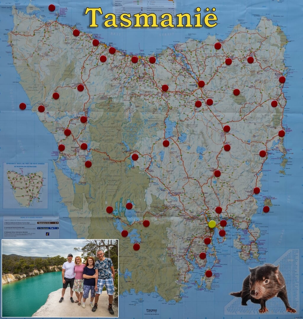 Tasmania, gele stip is thuisbasis, rode stippen waar we zoal zijn geweest
