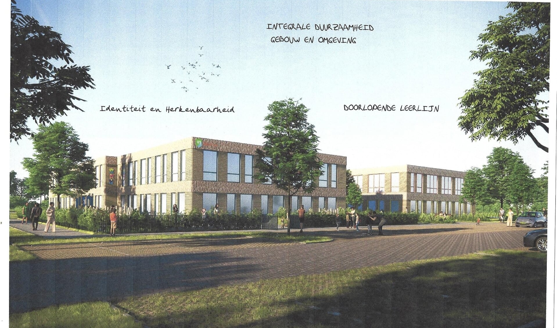 Het scholencomplex - zoals Made in Montfoort dat vorm zou willen geven op de locatie van de huidige sporthal.
