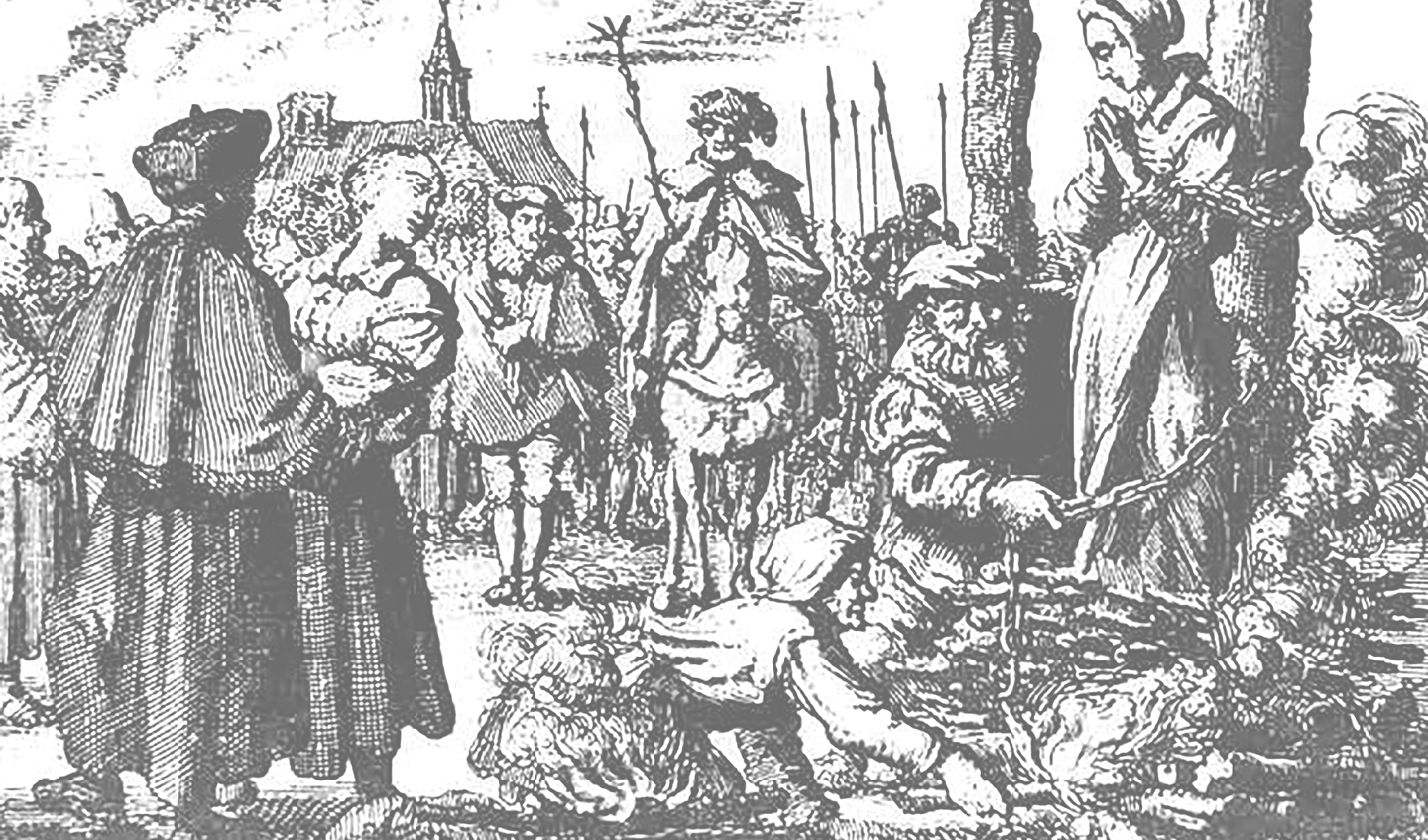 Deze afbeelding uit de Martelaarsspiegel van Van Braght wordt vaak gebruikt als een voorbeeld van heksenverbranding. Het gaat hier echter om de terechtstelling van ketters, de wederdopers Maria van Beckum en haar schoonzuster Ursel (Jan Luyken)