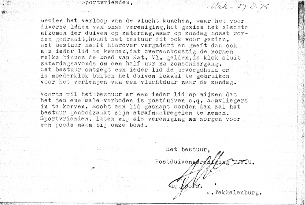 n Een brief van voorzitter Tekkelenburg aan de leden over vliegen op zondag.