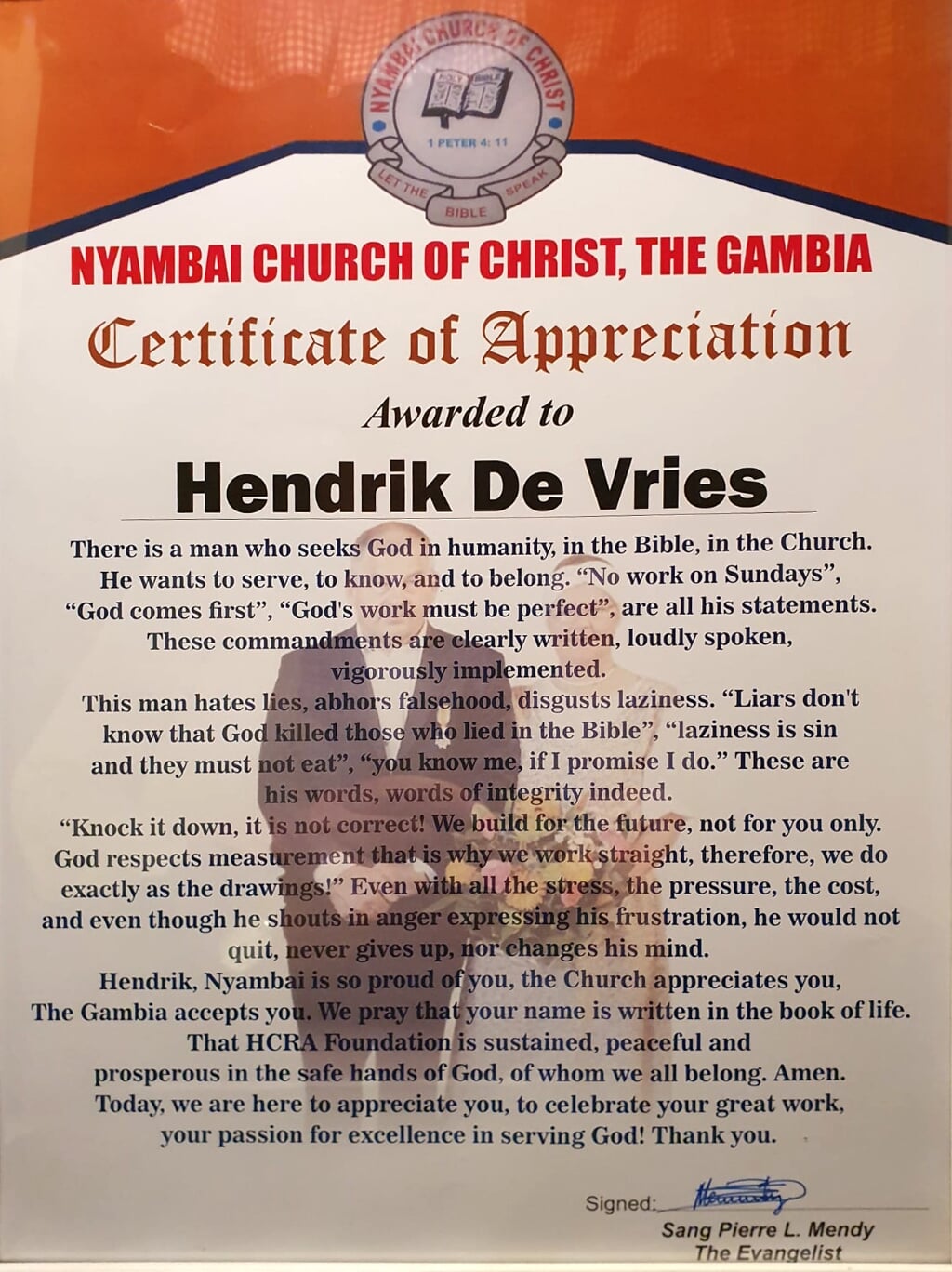 n Cadeau van de kerk: een certificaat met Hendriks uitspraken.