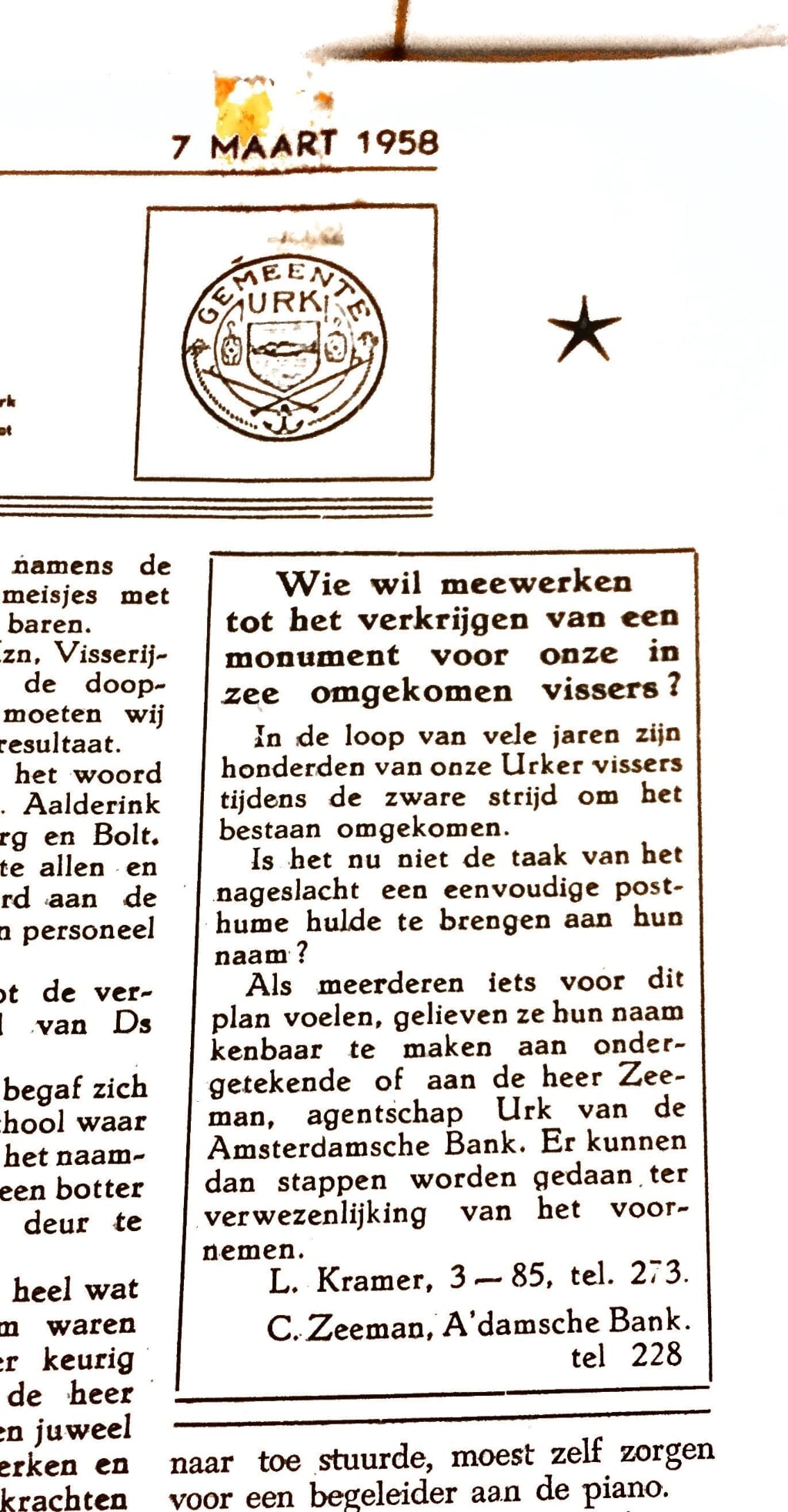 n De advertentie die door Lubbertje Kramer en Cornelis Zeeman in 1958 in Het Urkerland werd geplaatst.