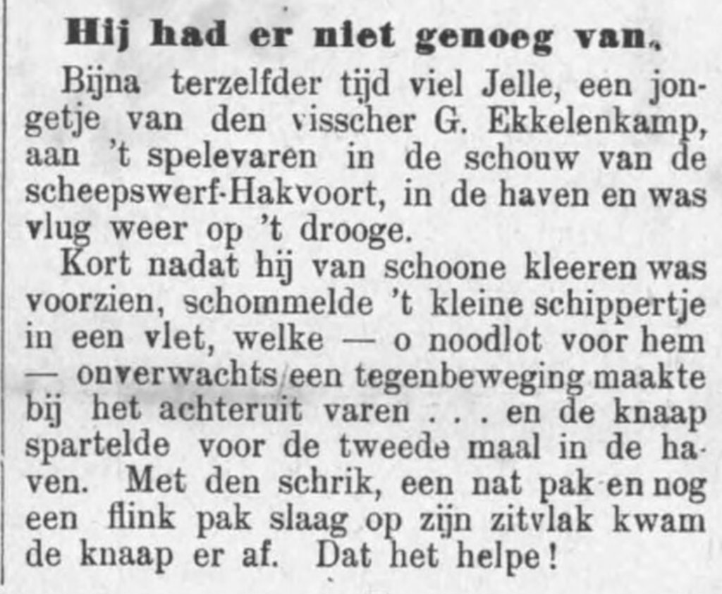 n Een kort berichtje uit De Urker Courant van 19 mei 1917: een nat pak voor de 6-jarige Jelle 'de Rakker'.