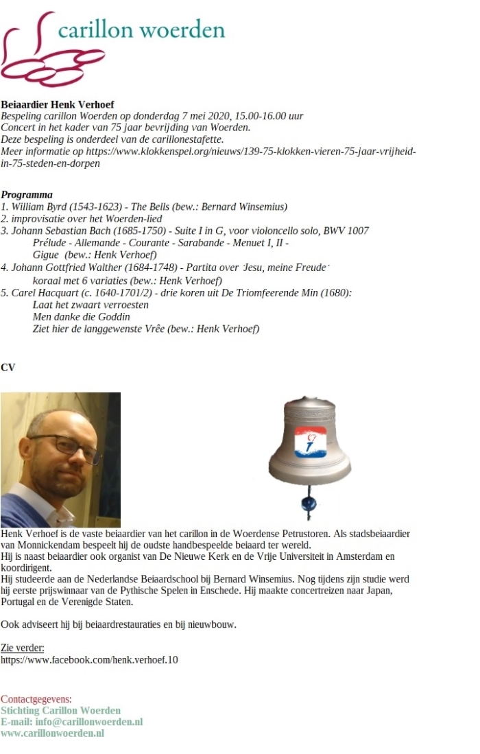 programma 7 mei 2020 en CV beiaardier Henk Verhoef