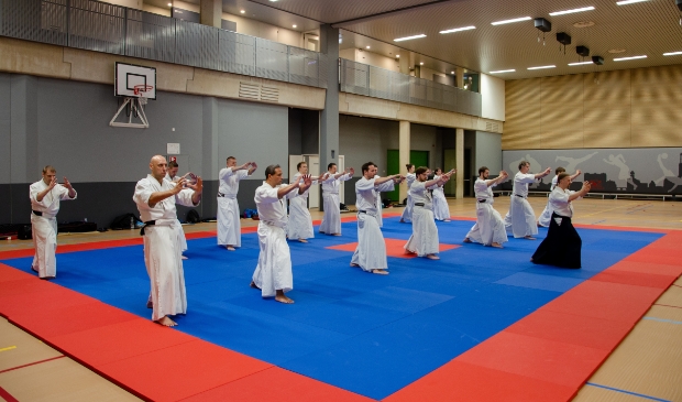 Onder begeleiding van een sensei trainen we hier de Aikiho, de coordinatie van beweging en adem
