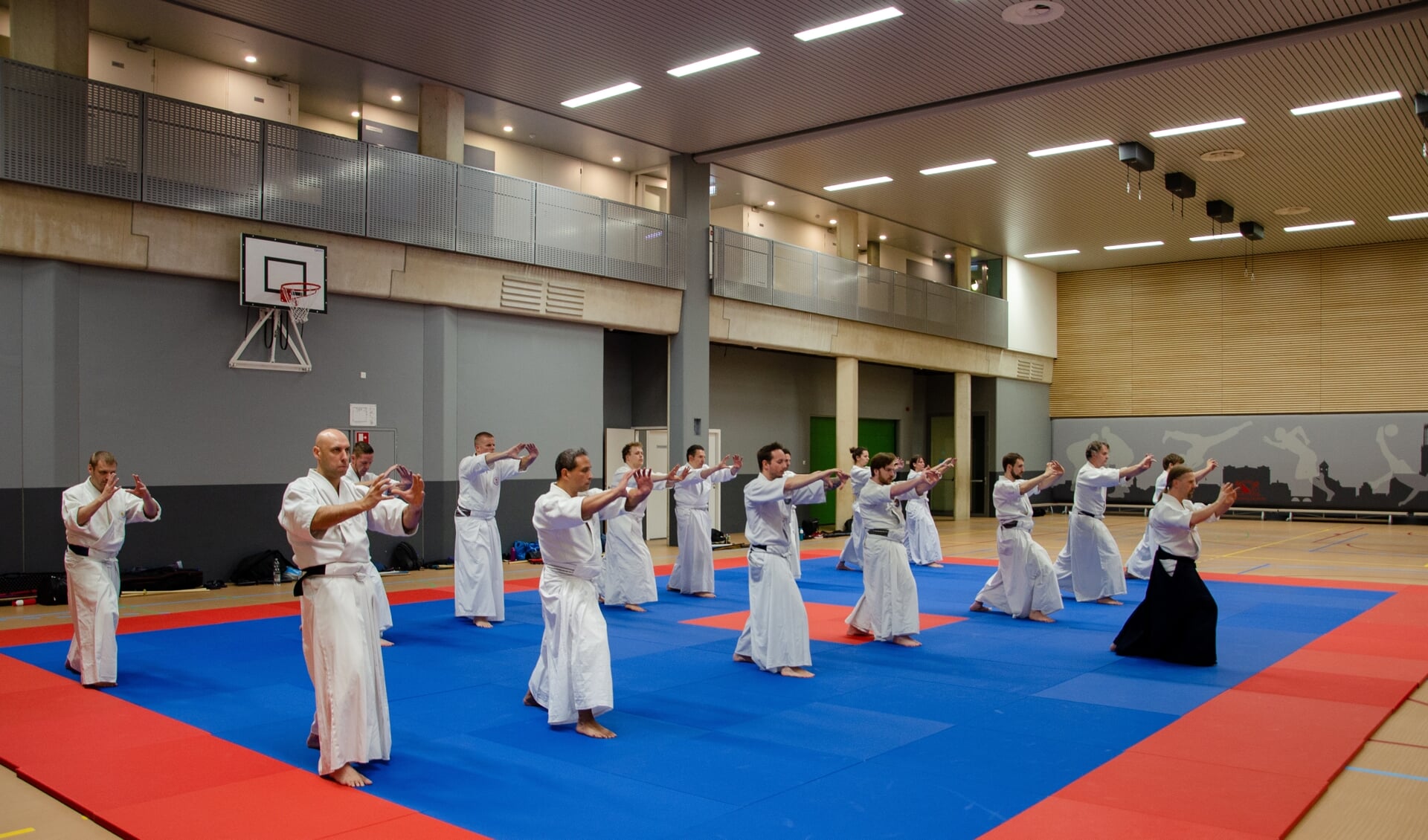 Onder begeleiding van een sensei trainen we hier de Aikiho, de coordinatie van beweging en adem