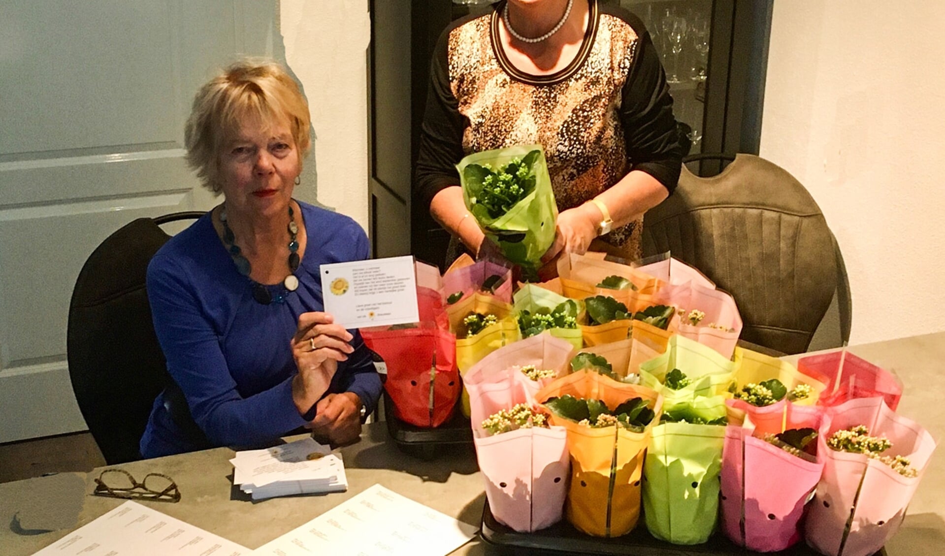 Marja van Kooten en Erna Bloemhard, die samen met andere vrijwilligers plantjes verzendklaar maken