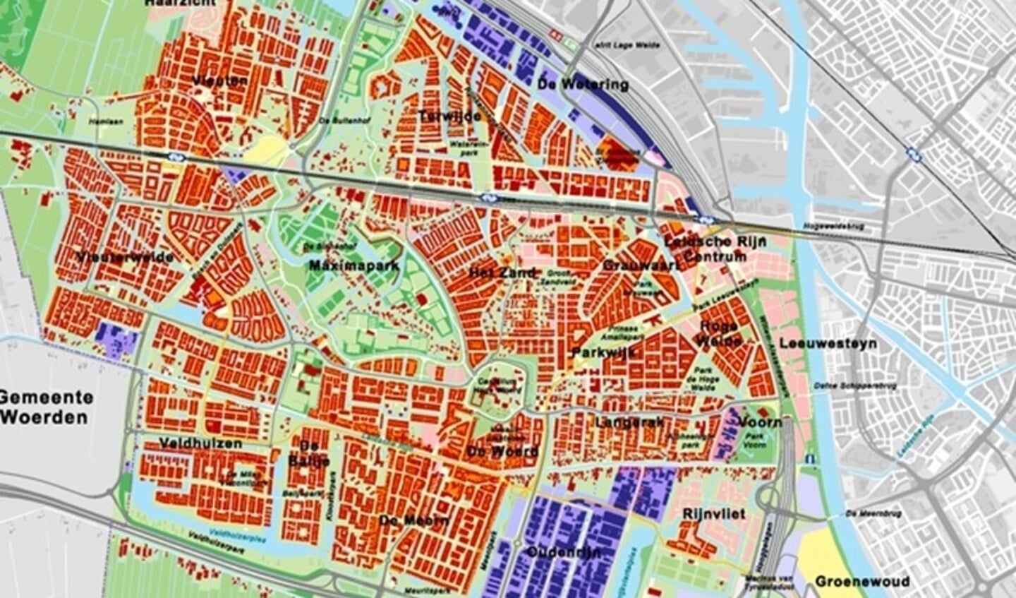 De woongebieden, het groen en de bedrijventerreinen zijn ingekleurd in deze kaart, met de namen van de wijken erbij.