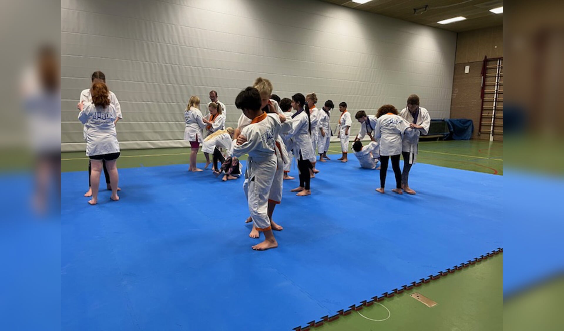 De leerlingen van groep 8 krijgen judoles van meester Jeffrey.