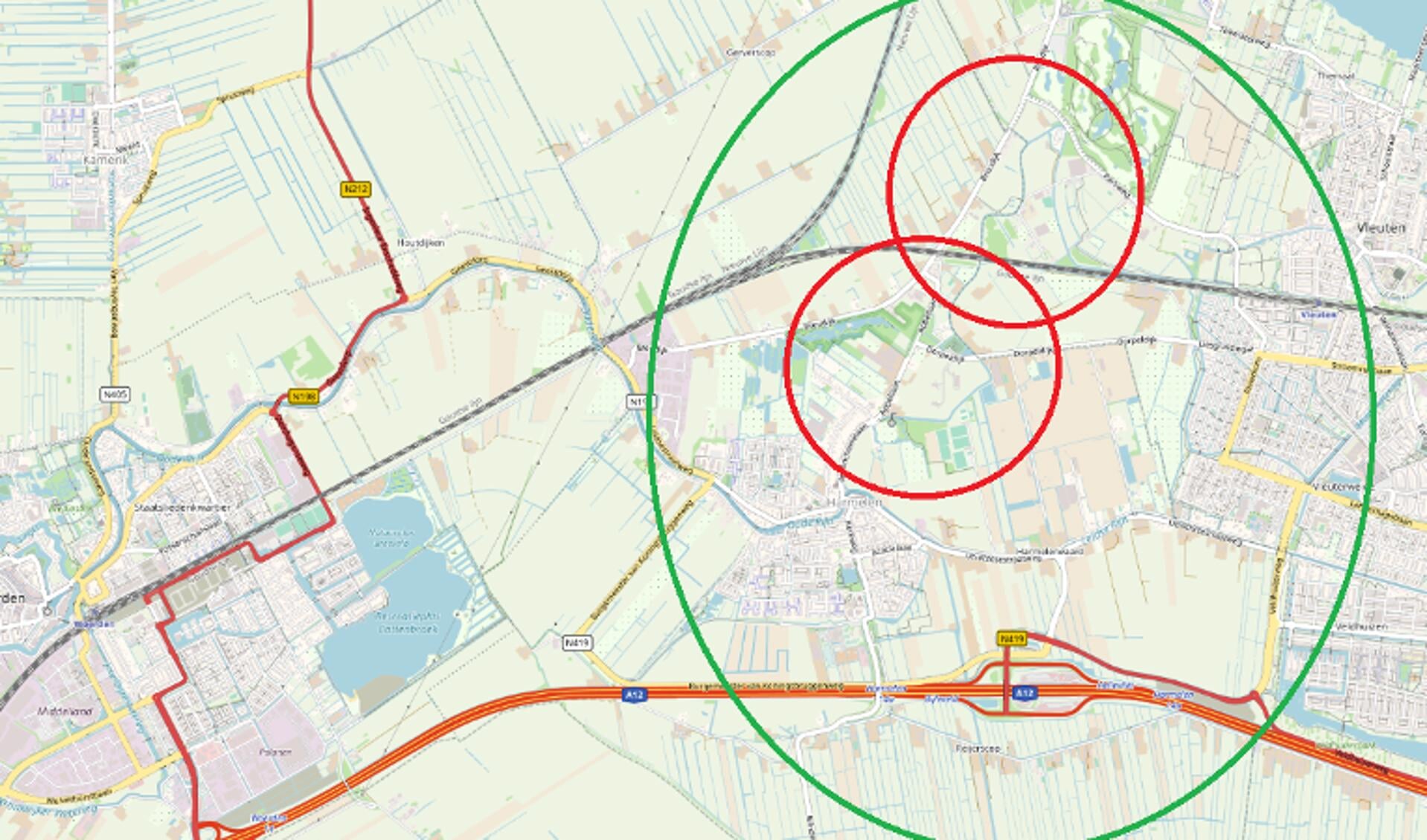 Vermoedelijke fietsroute van het meisje (groene cirkel), politie zoekt getuigen en beelden uit dit gebied, met name uit het gebied van de rode cirkels