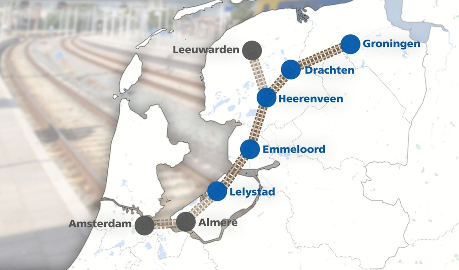 xDe Nederlandse stations die een aansluiting op de Lelylijn zouden krijgen. In het Europese plan loopt het spoor verder van Groningen naar Bremen. Afbeelding Omrop Fryslân
