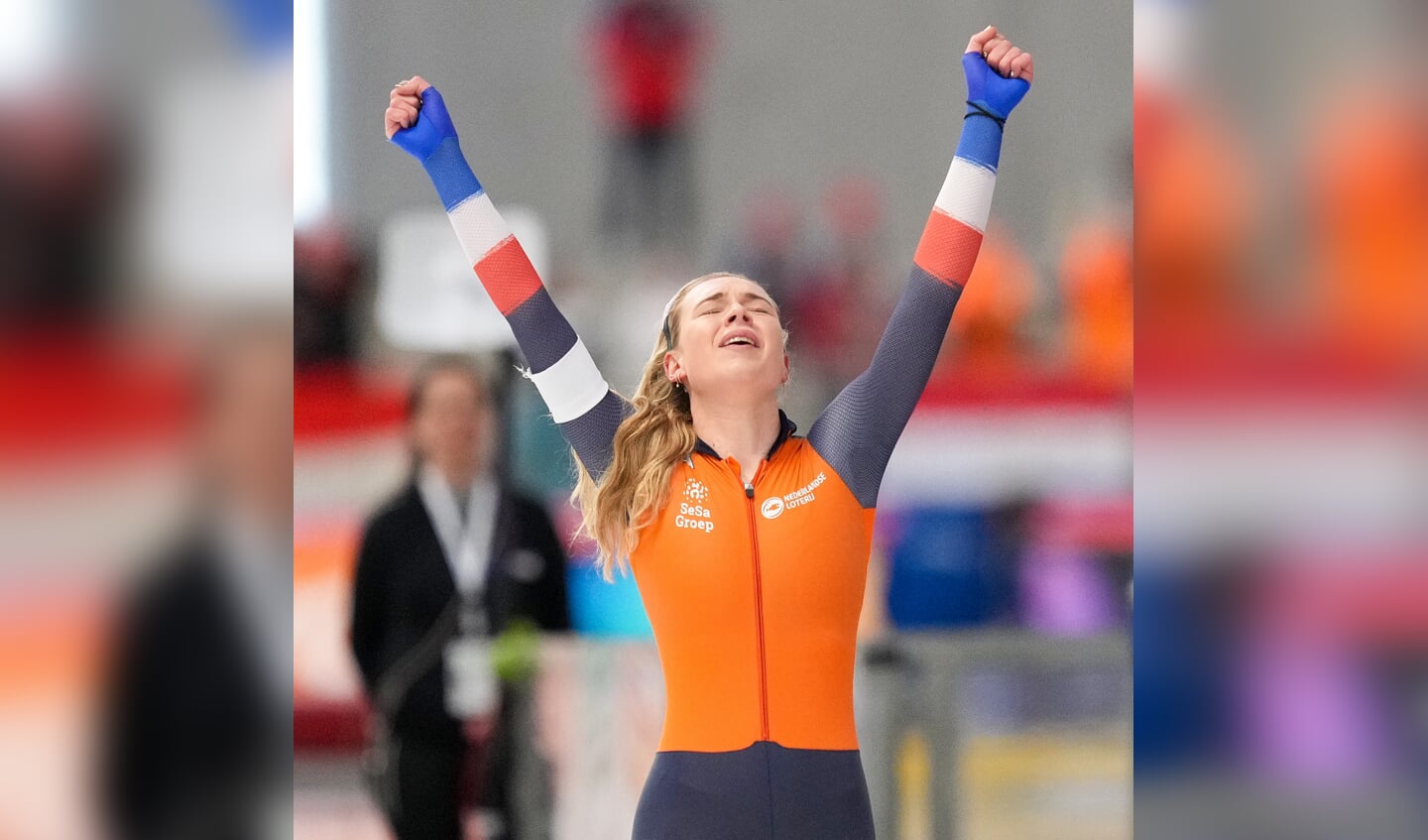 INZELL, GERMANY - MARCH 10: Joy Beune of The Netherlands celebrating her win after competing on the Women's 5000m during the ISU World Speed Skating Allround Championships at Max Aicher Arena on March 10, 2024 in Inzell, Germany. (Photo by Douwe Bijlsma/Orange Pictures)