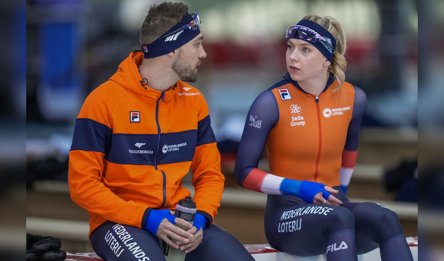 INZELL, GERMANY - MARCH 8: Kjeld Nuis, Joy Beune of The Netherlands during a Training before the ISU World Speed Skating Allround & Sprint Championships at Max Aicher Arena on March 8, 2024 in Inzell, Germany. (Photo by Douwe Bijlsma/Orange Pictures)